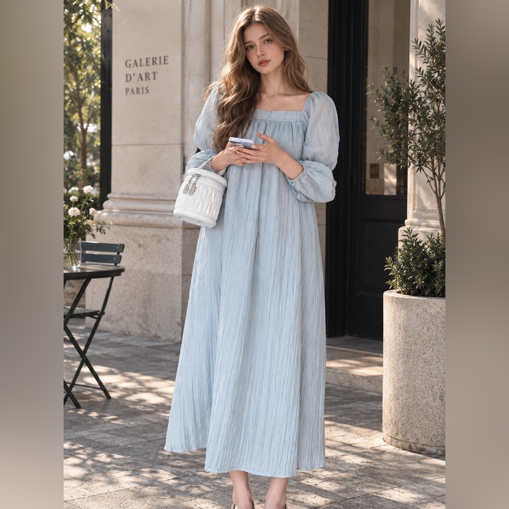 Light Blue Pleated Maxi Maternity Dress